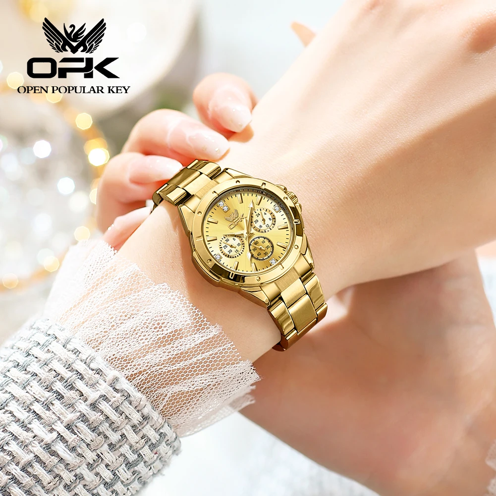 OPK Quartz Watch for Women Multi functional Dial Stainless steel Strap Ladies Hand Clock