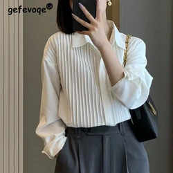 2022 Spring Autumn Turn Down Collar White Simple Pleated Shirt Women Elegant Fashion Temperament All-match Blouse Femme Cardigan