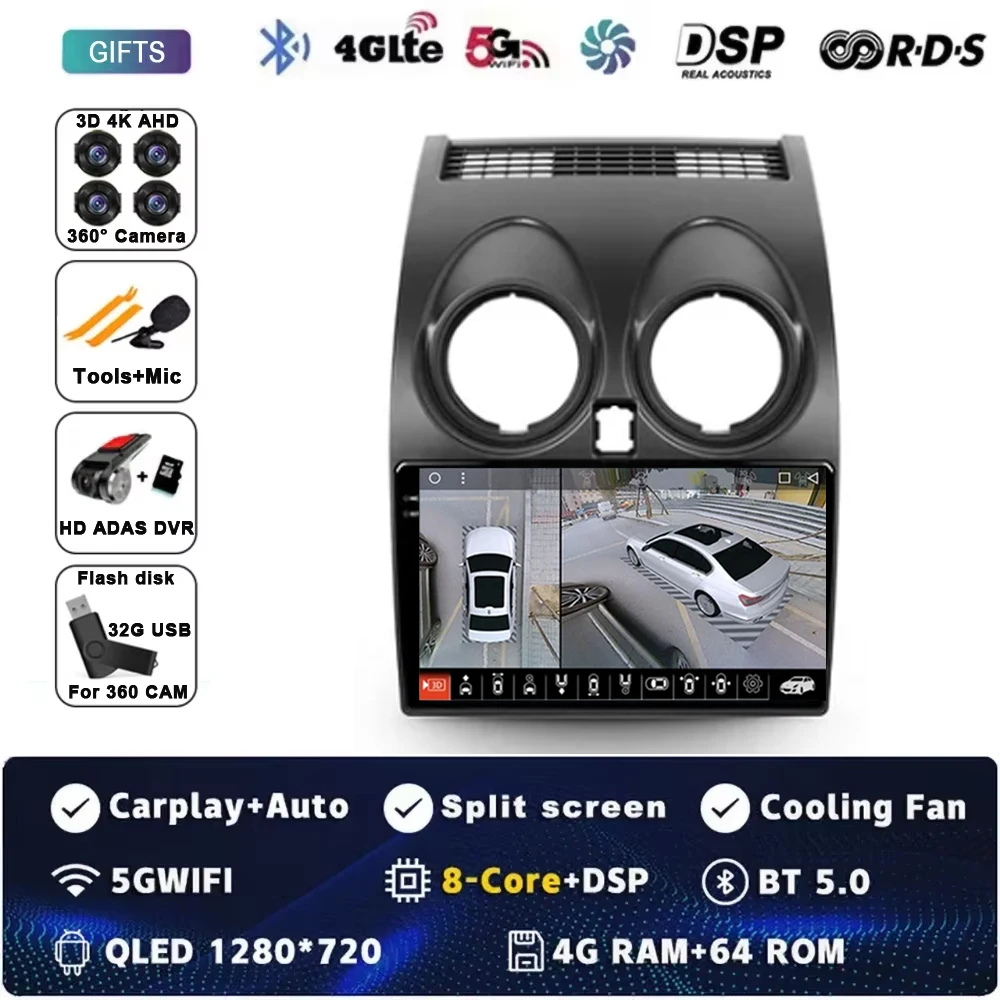 Android 16 autoradio GPS navigatie QLED Carplay Auto multimediasysteem speler BT voor Nissan Qashqai 1 J10 2006 - 2013