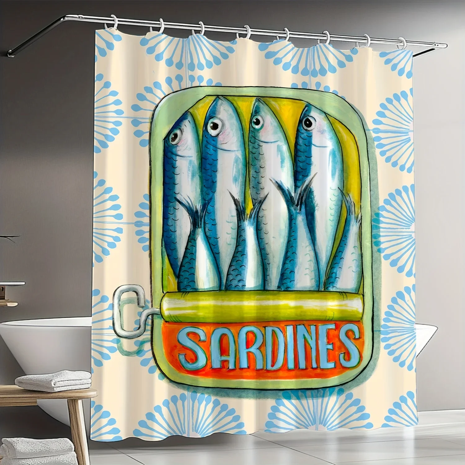 VIKAMA Watercolor Sardine Can Shower Curtain Retro American Print Waterproof & Mildew-Proof Quirky Bathroom Partition Curtain