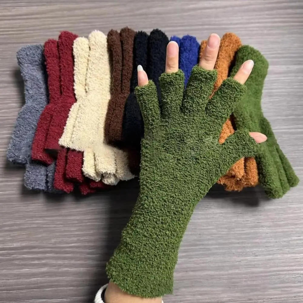 

Winter Warm Coral Fleece Gloves Women Girls Solid Color Touchscreen Fingerless Glove Thicken Plush Half Finger Writing Mittens