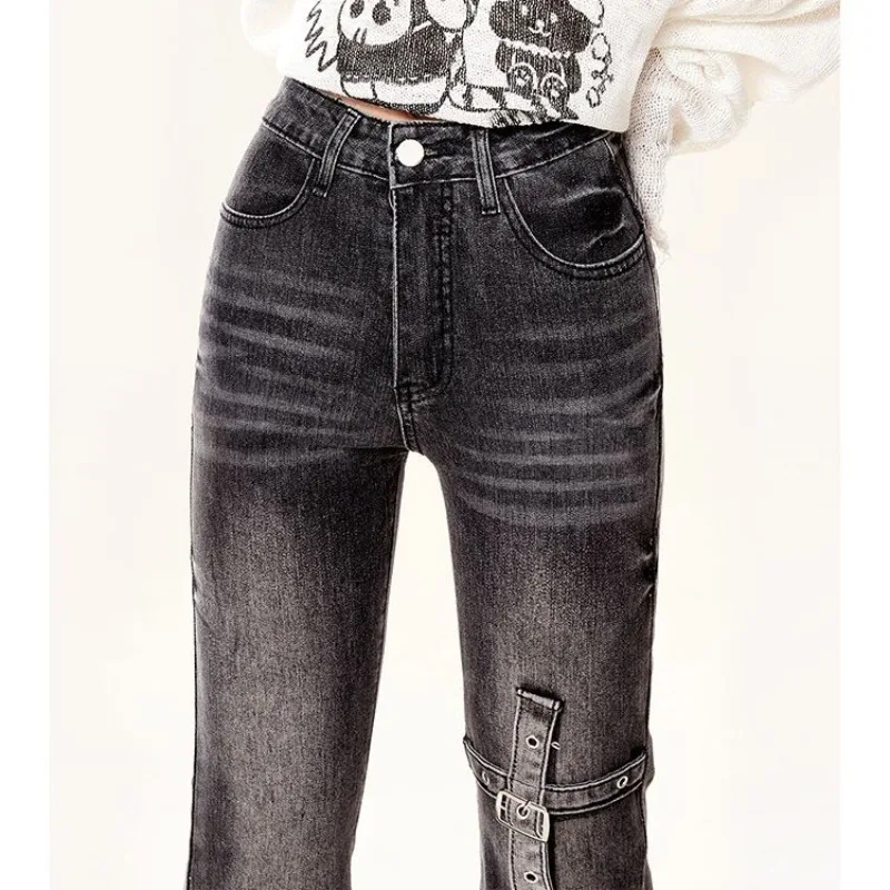 Vintage Amerikaanse zwart gewassen Street Spice Girls Y2k broek dames trendy ontwerp veelzijdige slim fit hoog getailleerde uitlopende jeans