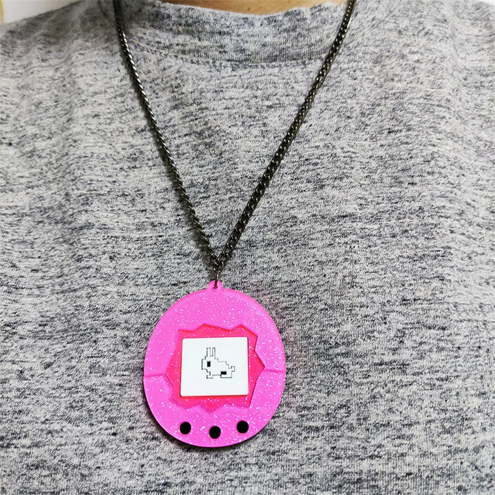 KUGUYS Fashion Jewelry Acrylic Trendy Hot Pink Round Pendant Necklaces for Women Black Link Chain Electronic Pet Dog Necklace