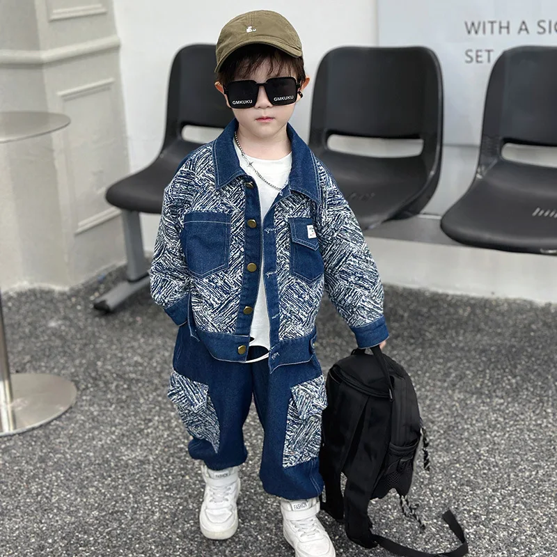 

Children's Suit Spring and Autumn Boys and Girls Long-Sleeved Denim Jacket + Trousers Two-piece Teen Top Denim Suit 2-13Years