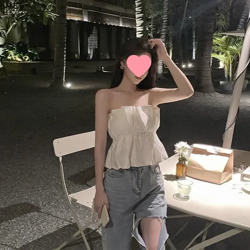 PopPopBlack Short Women's Camisole Vest Summer Outerwear With Lace Design Inner Match Top Strapless Tube Crop Top Polyester Fibe