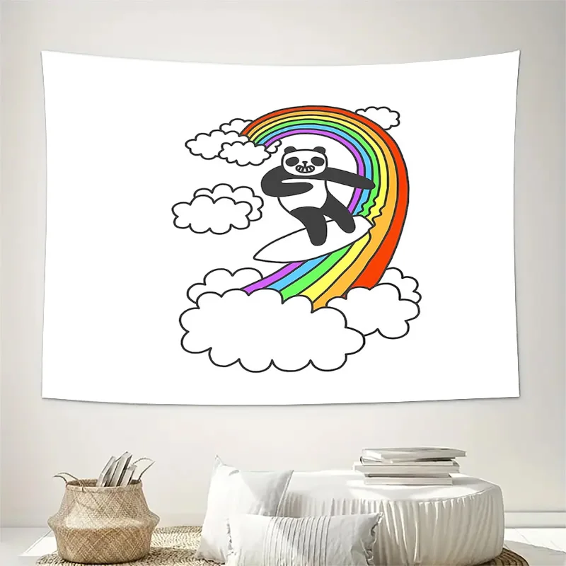 Cute Panda Surfing Rainbow Tapestry Wall Hanging Anime Decor Dorm Room Aesthetic Wall Art Bedroom Living Room Home Decoration Gi