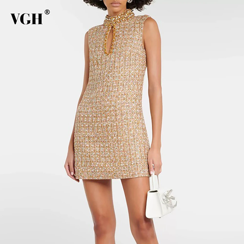 

VGH Sexy Loose Grid Mini Dresses For Women Round Neck Sleeveless High Waist Spliced Diamond Summer Short Dress Female Fashion