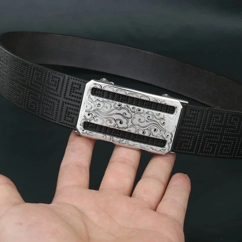 Handmade Floating Cloud Buckle with Auspicious Cloud Pattern for Men's Genuine Beef Belt, Imported from Italy, First Layer Leath