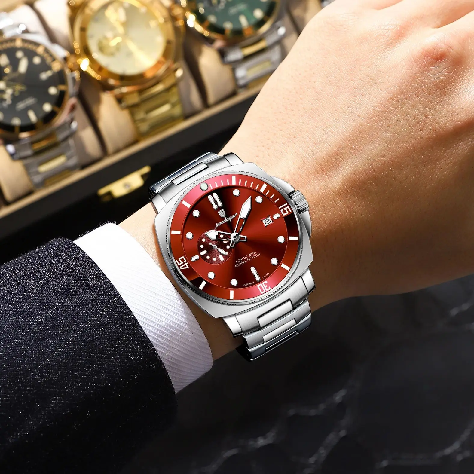 POEDAGAR 高級トレンドメンズ腕時計 防水 夜光 日付 ステンレススチール 男性用腕時計 クォーツ ビジネス スポーツ メンズ腕時計 レロッホ