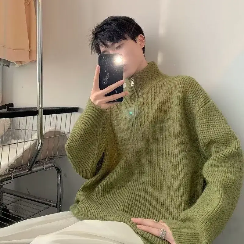 

Свободный крой, трикотаж на молнии, мужской корейский трикотаж, простой однотонный повседневный удобный зимний трикотаж из полиэфирного волокна