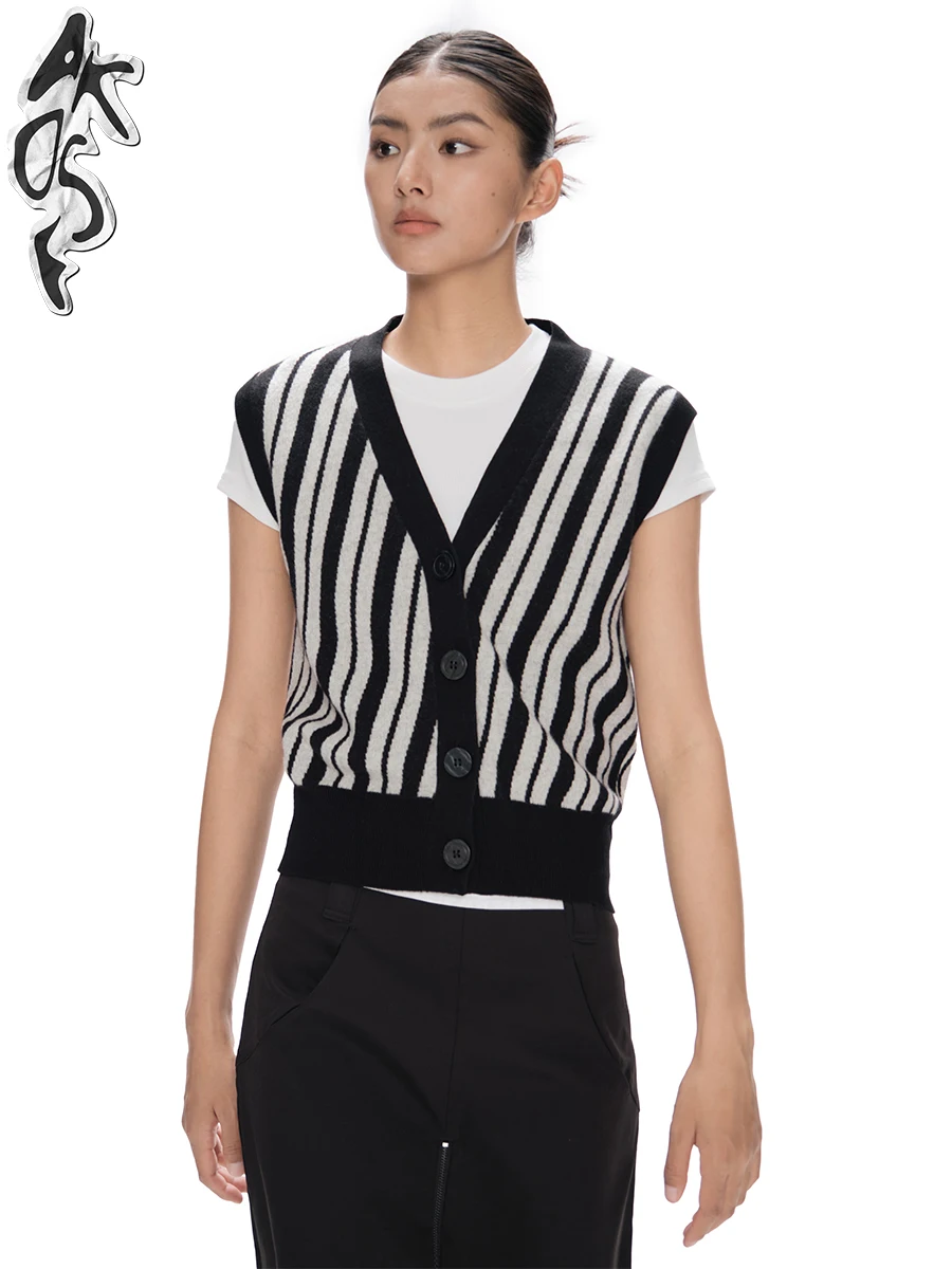 

Вязаный жилет AkoSf в полоску из шерсти с V-образным вырезом и диагональными полосками, женский, модный, осенне-зимний, для многослойных образов