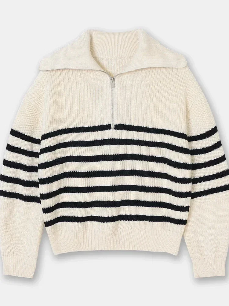 Fashion Women\'s Turtleneck Loose Lapel Striped Knitwear Women Pulovers New Simplicity Half Zipper Casual Women Sweaters 2024