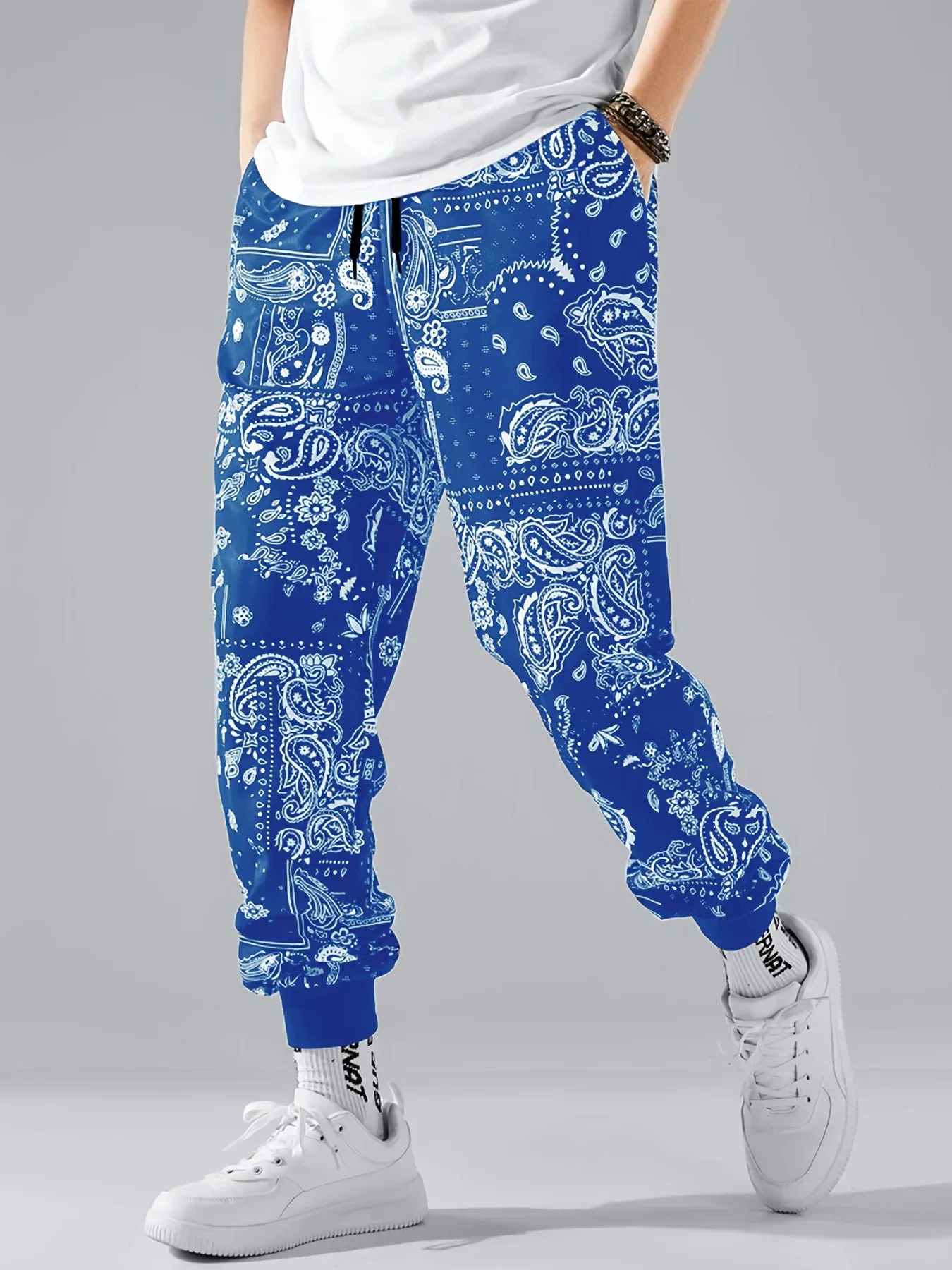 Men Polyester 3D Print Green Paisley Bandana Pattern Jogger Pants Drawstring Elastic Waist Casual Trousers