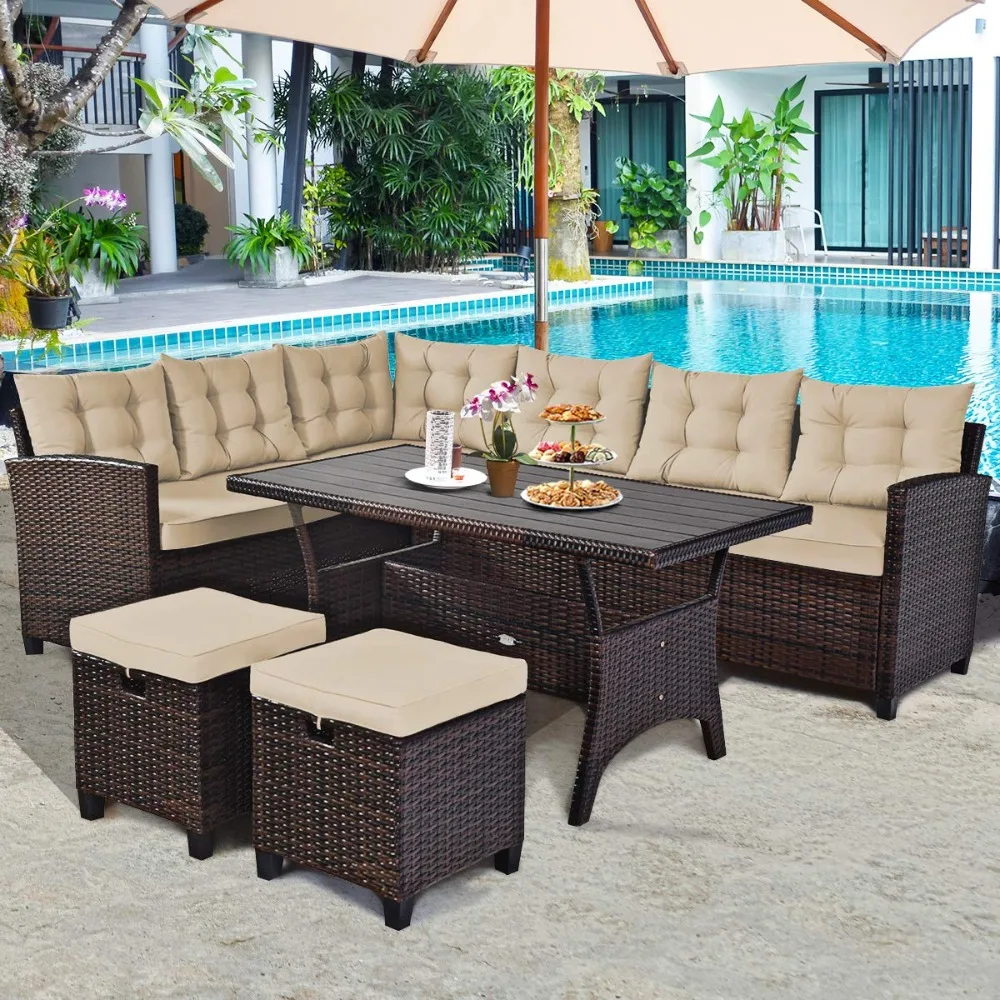 

5 PCS Patio Furniture Set, Outdoor Conversation Set with 6 Cushioned Seat 2 Ottomans & Coffee Table, Customized