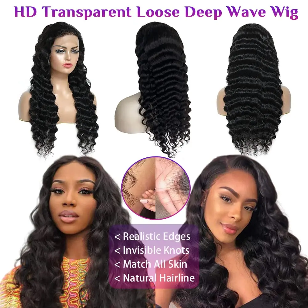 Perucas de Cabelo Humano Lace Frontal Transparente para Mulheres, Onda Profunda Solta, Peruca Dianteira Pré Arrombada Glueless, Pronto para Vestir, HD, 13x4