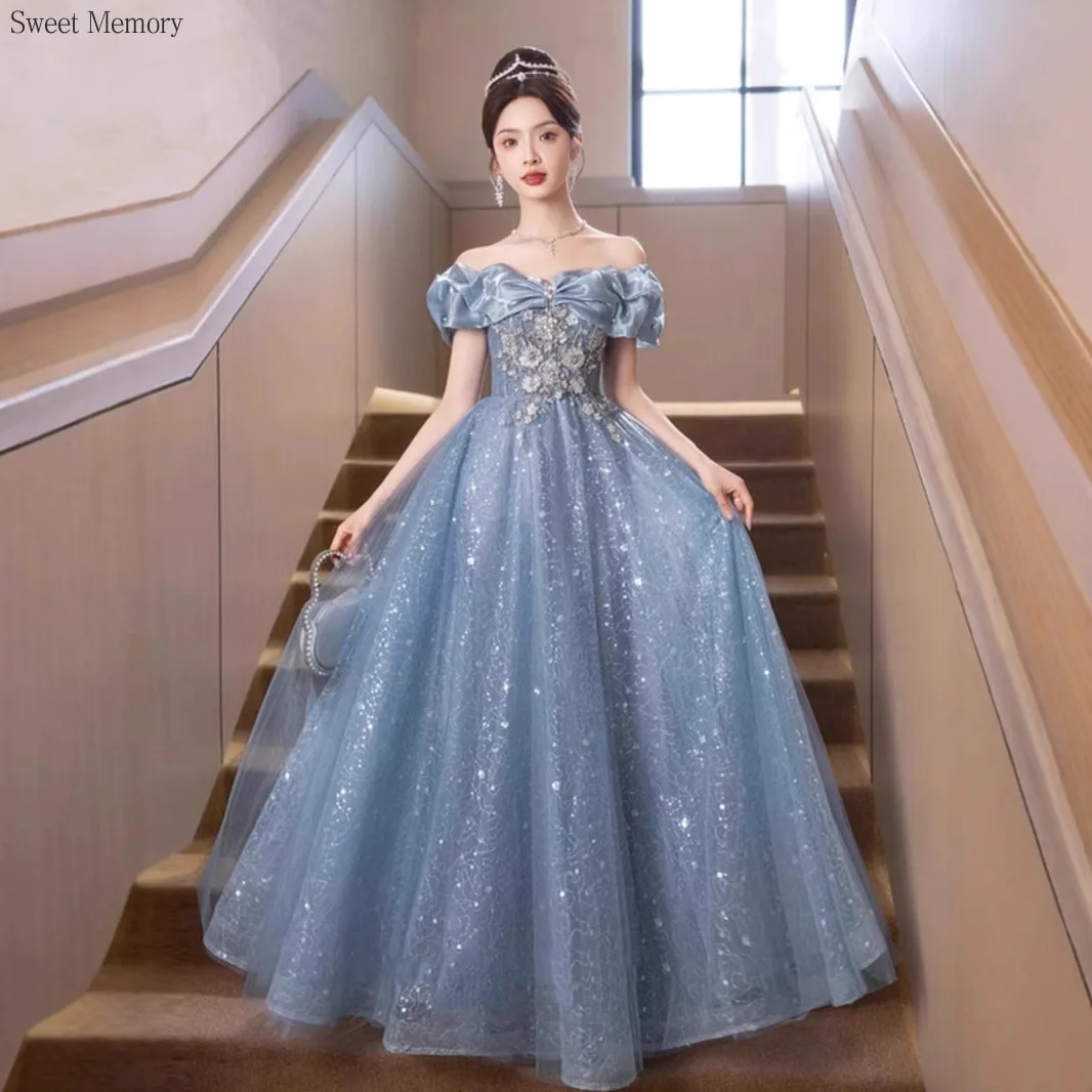 

A8153 Синее вечернее платье для девочек и женщин, праздничная одежда Sweet Memory с открытыми плечами, халат для выпускного вечера, бальное платье длиной до пола
