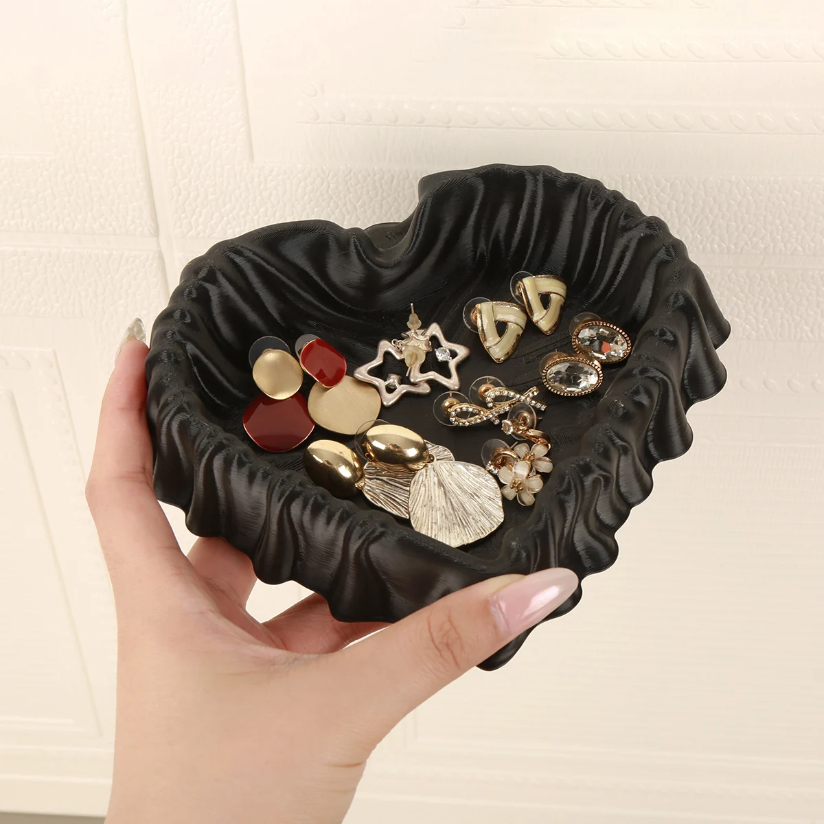 Cross-border Heart Ruffled Fabric Texture Jewelry Tray, Vintage Satin Wavy Edge Desktop Ring Earring Key Storage Decor Dish
