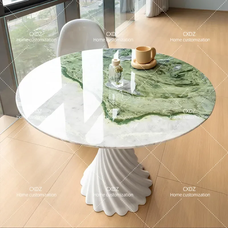 Glacier Green Natural Marble Round Dining Table High End Luxury Jade Green Stone Cream Style Pure Natural Rock for Living