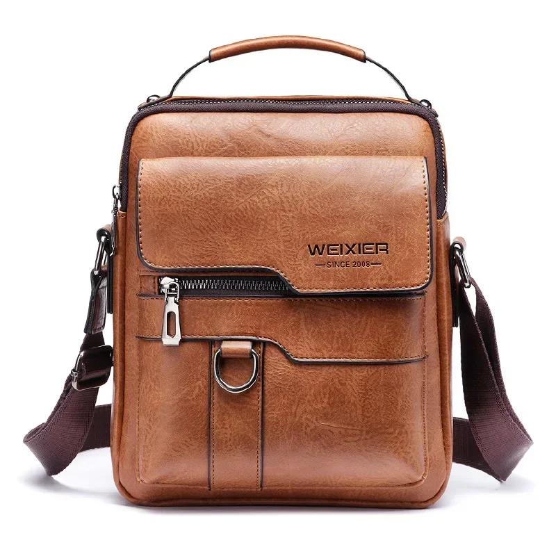 Retro PU Leather Men Crossbody Bag, Multi Zipper Pocket Shoulder Handbag Business Casual Messenger Bag for Outdoor Trip