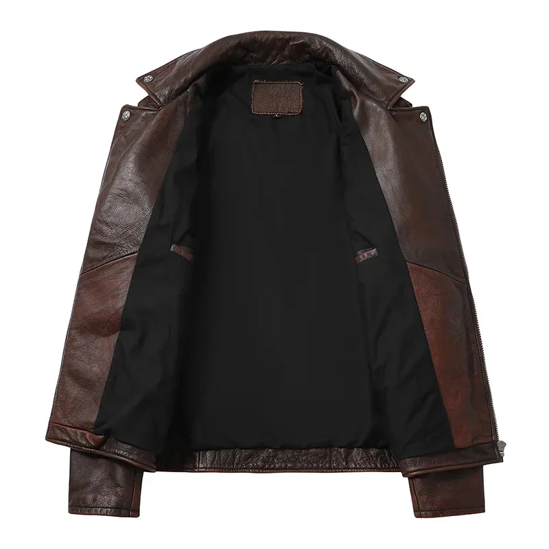 Veste d'équitation de moto en cuir de vachette première couche pour homme, revers à distance, cuir de Murcia, court multi-poches, mince