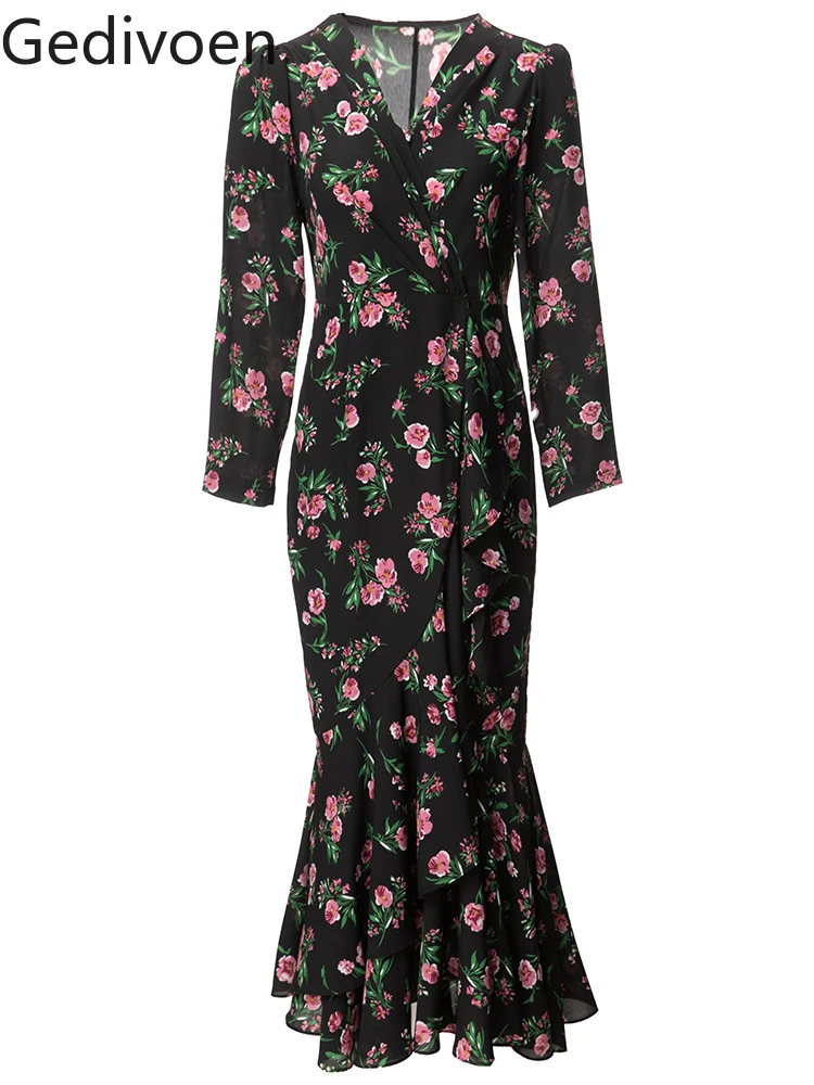 

Gedivoen Fashion Runway Spring Summer Dress Women V Neck FLowers Print Mermaid Long Sleeves Bodycon Ruched Midi Dress