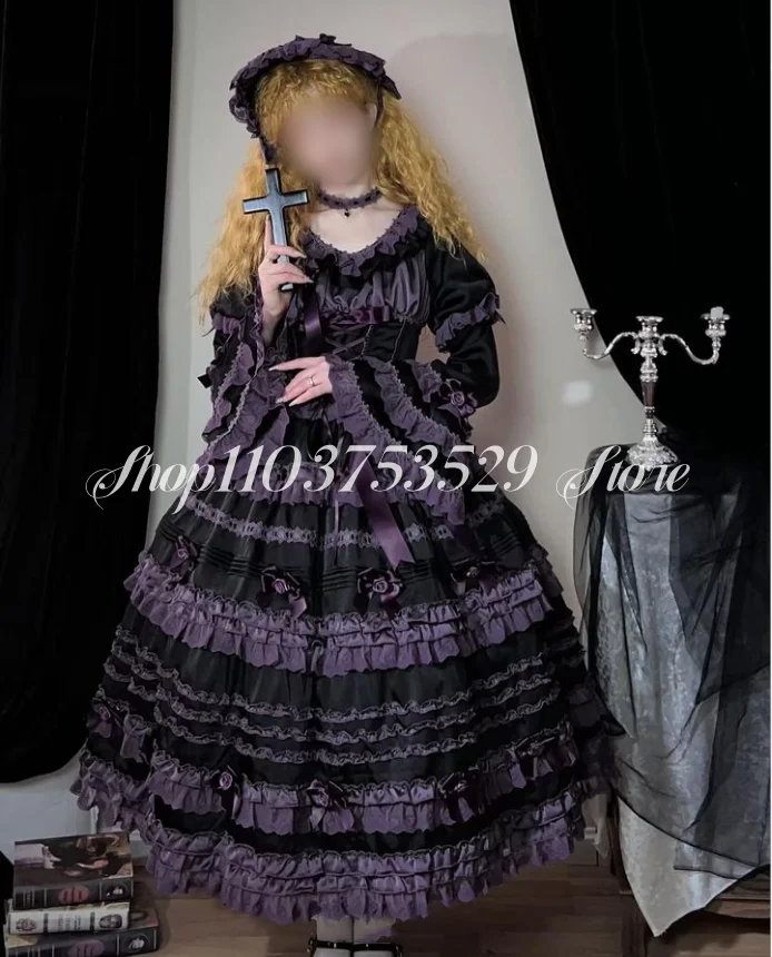 Hitam ungu Gotik Lolita gaun Prom Satin elegan lipit busur Applique lengan panjang jubah khusus ponco de Soiree