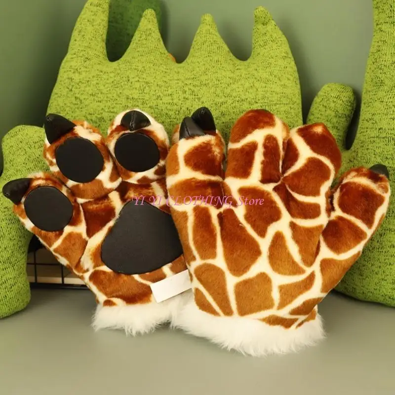 N5KF – gants en peluche patte girafe, 1 paire, jouets en peluche, animaux pelucheux, rembourrés, chauffe-mains, Costume 1