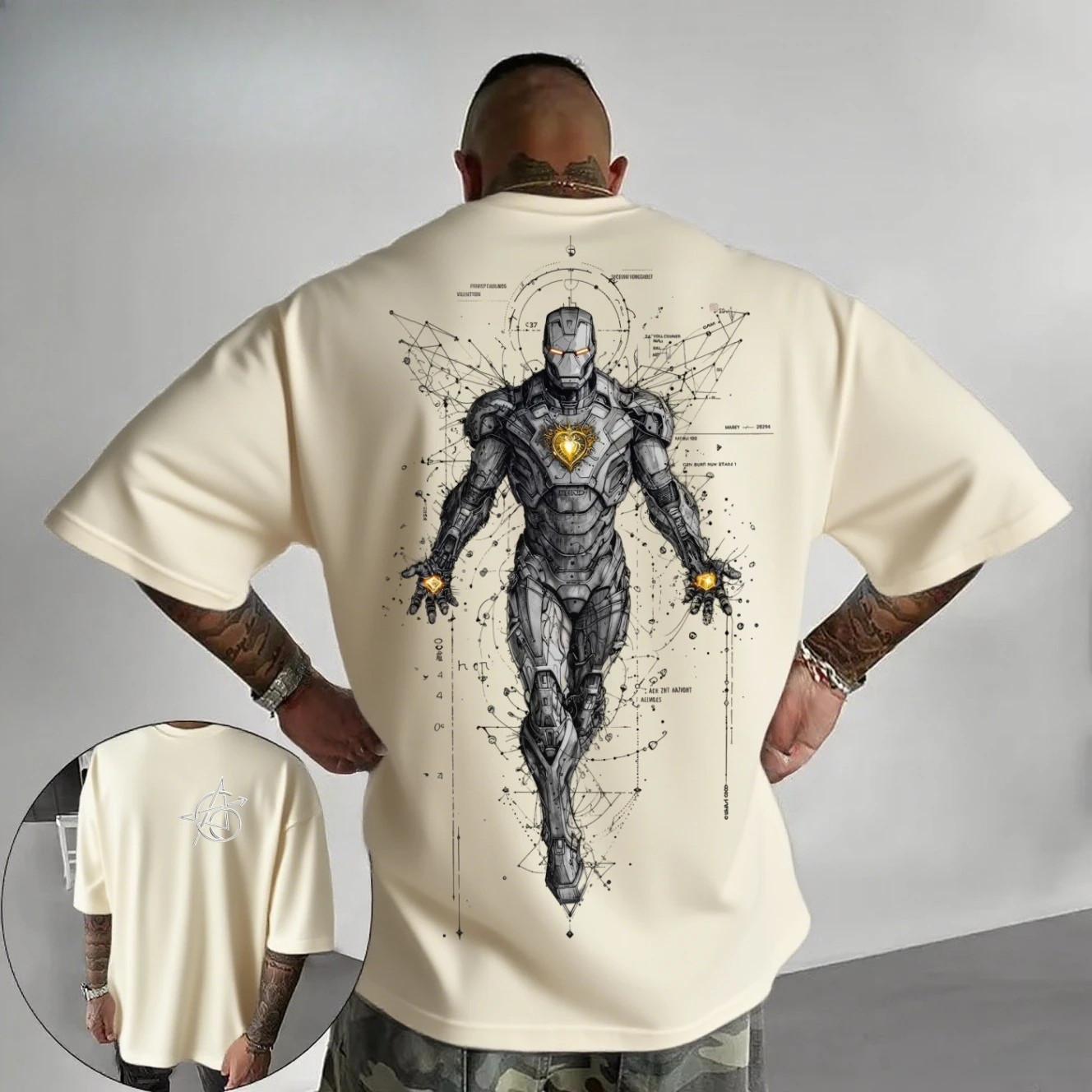 2026 New Cyberpunk Iron Man Tech Line Art Back Print T Shirt Men Summer Cotton Short Sleeve O Neck Oversized White Casual Tops view 3