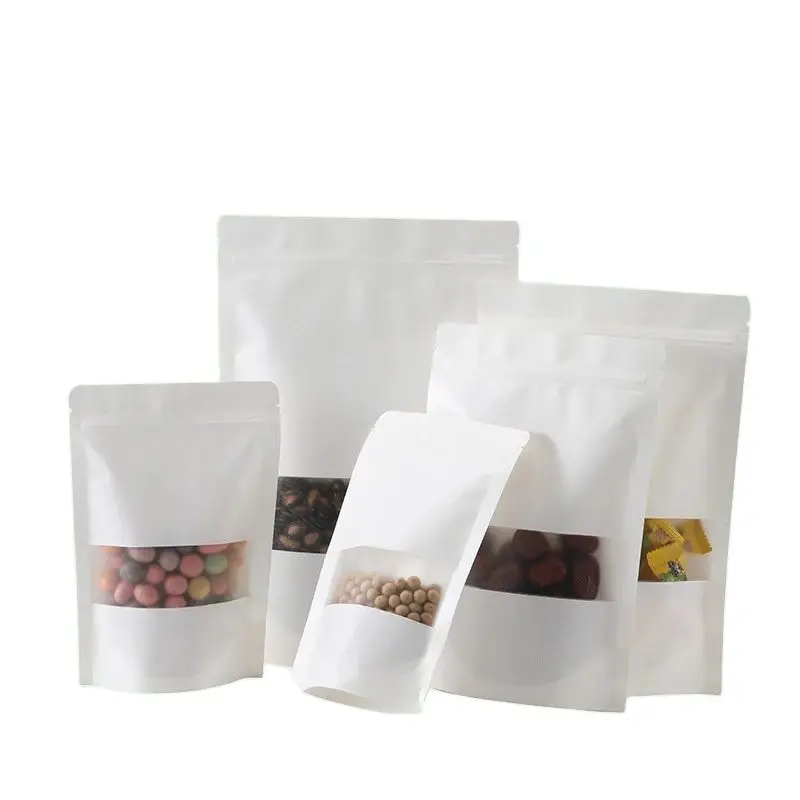 

Ziplock Food Package Bag white kraft paper Stand Up bag with Matte Window Reusable White Storage paper Bag for goods Tea Nuts