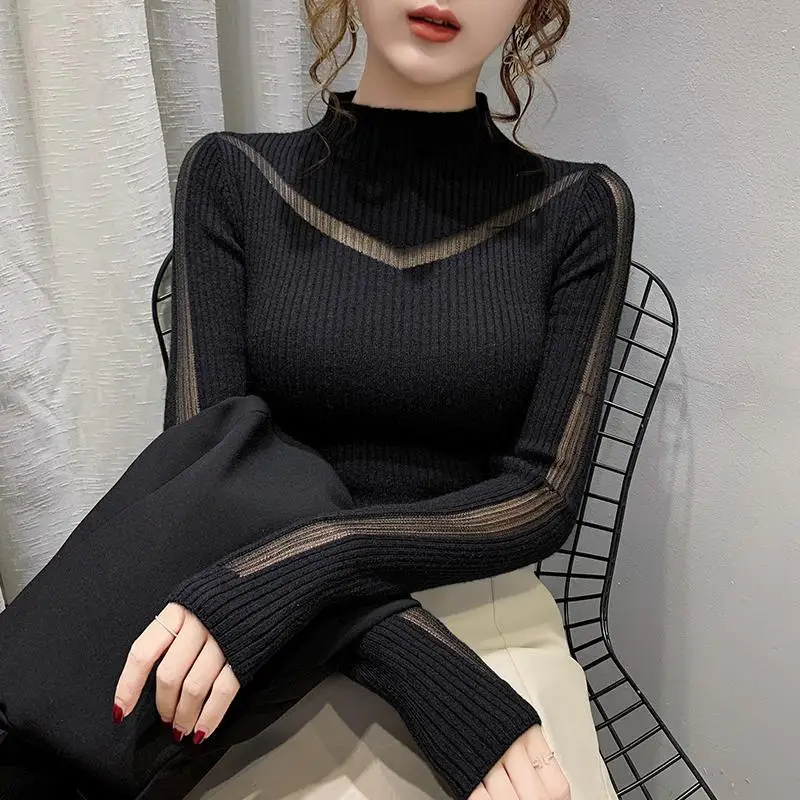 Women Autumn Winter Fashion Patchwork Lace Solid Color Mock Neck Long Sleeve Knitting Bottoming Shirt Ladies All-match Knitwear