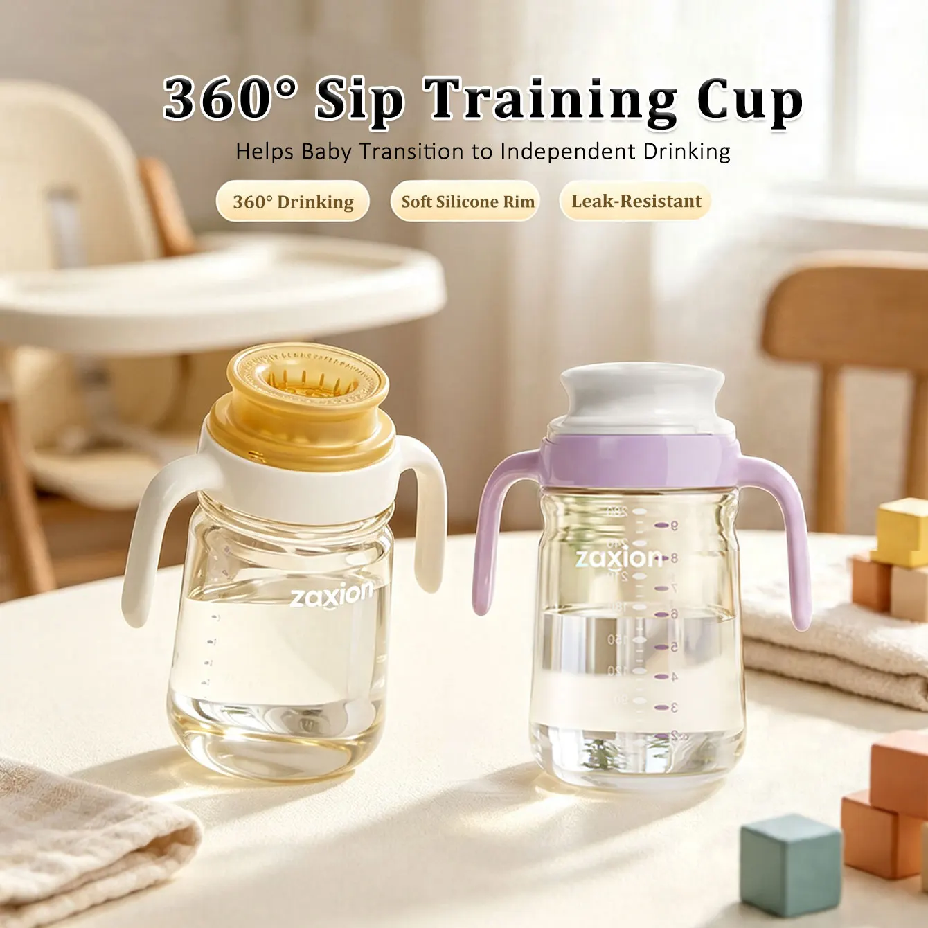 360° Sippy Cup for Babies, PPSU Training Cup with Soft Silicone Rim, Spill Resistant,Easy Sip Training Cup,Dual Handles, 280ml