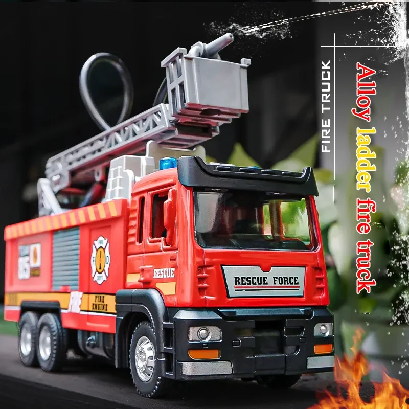 1:50 Fire Truck Diecast Alloy Sprinkler Toy with Light Music Water Simulation Spray Rescue Car Children\'s Toy Birthday Gifts