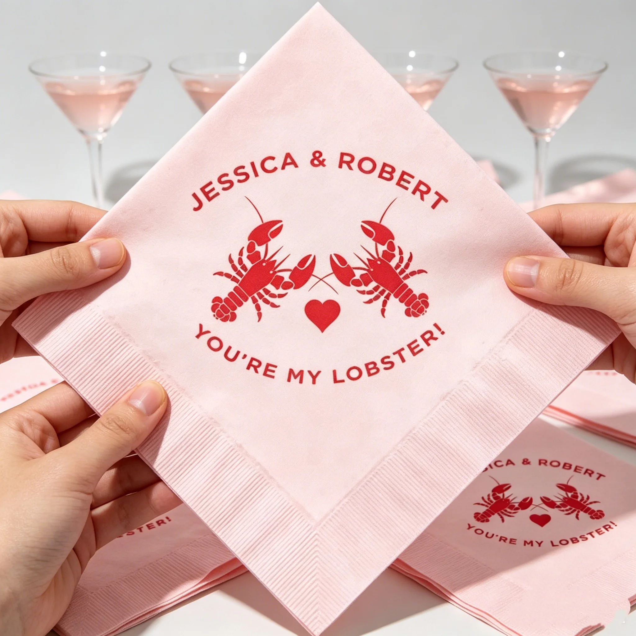 

50pcs Custom "You're My Lobster" Friends Themed Wedding Cocktail Napkins, Personalized Couple Names Red Print Beverage Napkins,