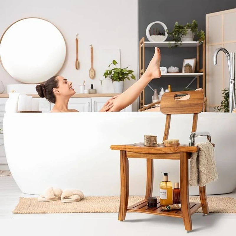 

Teak Bath Stool with Backrest and Towel Rack,Waterproof Anti-Slip Wooden Shower Chair with Double-Layer Storage Shelf Bathroom