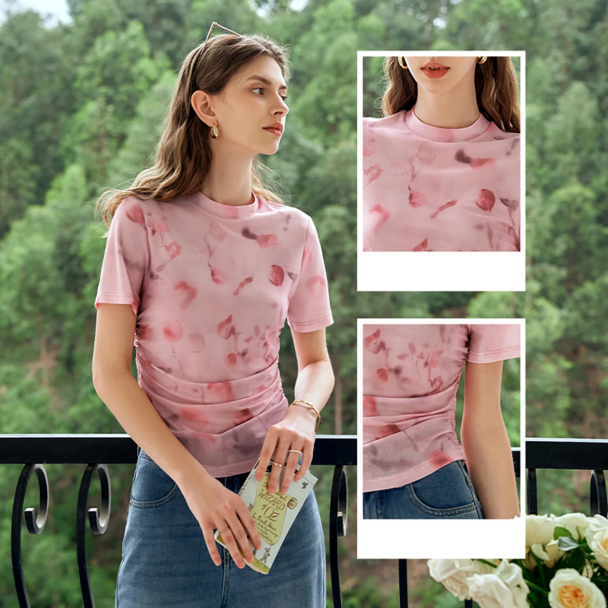 OLrain  Mesh T-shirt Printing Round Neck Shirring Folds Ladies Short Sleeve Straight Tees Top 2025 Summer New O24XT91836