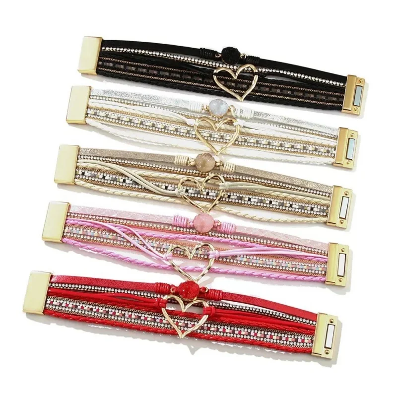 Boho Bracelets Woven Leather Multi-Layer Wrap Bracelet Heart Shape Inlaid Rhinestone Stackable Fashion Women Bracelet Jewelry