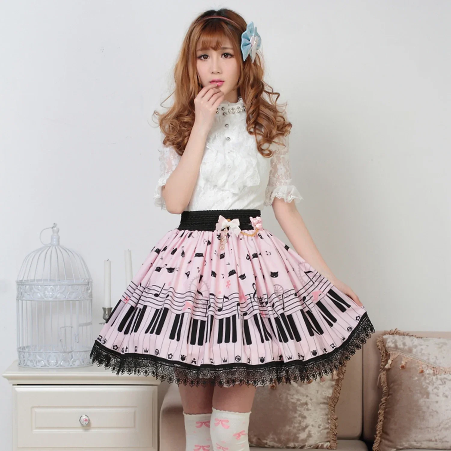 Kawaii Sweet Girl Pink Polyester Lace Piano Keybord Printed Lolita Skirt pink skirt