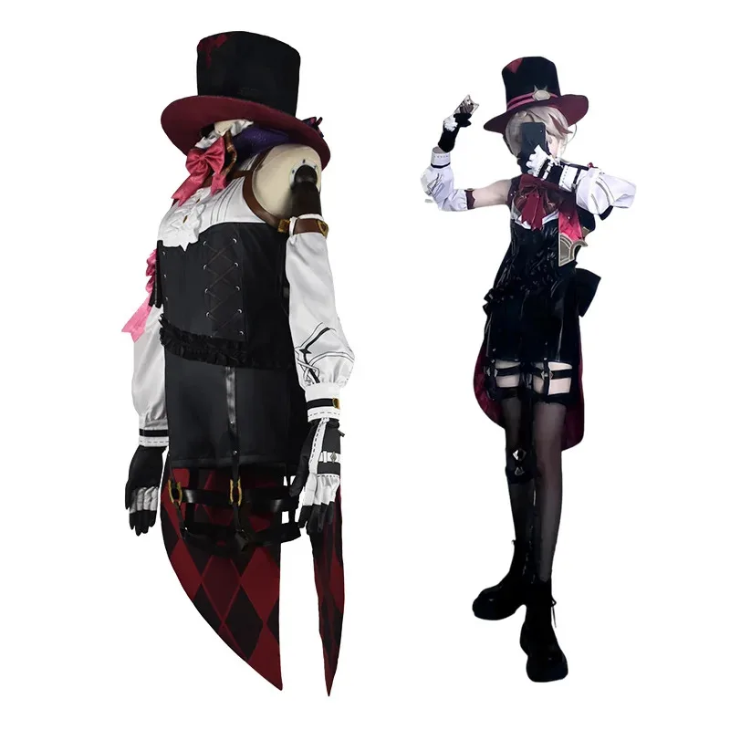 

Genshin Impact Lyney Cosplay Full Set: Magician Leather Uniform, Wig, Hat, Dress, Skirt, Gloves & Tail Outfit Premium Quality