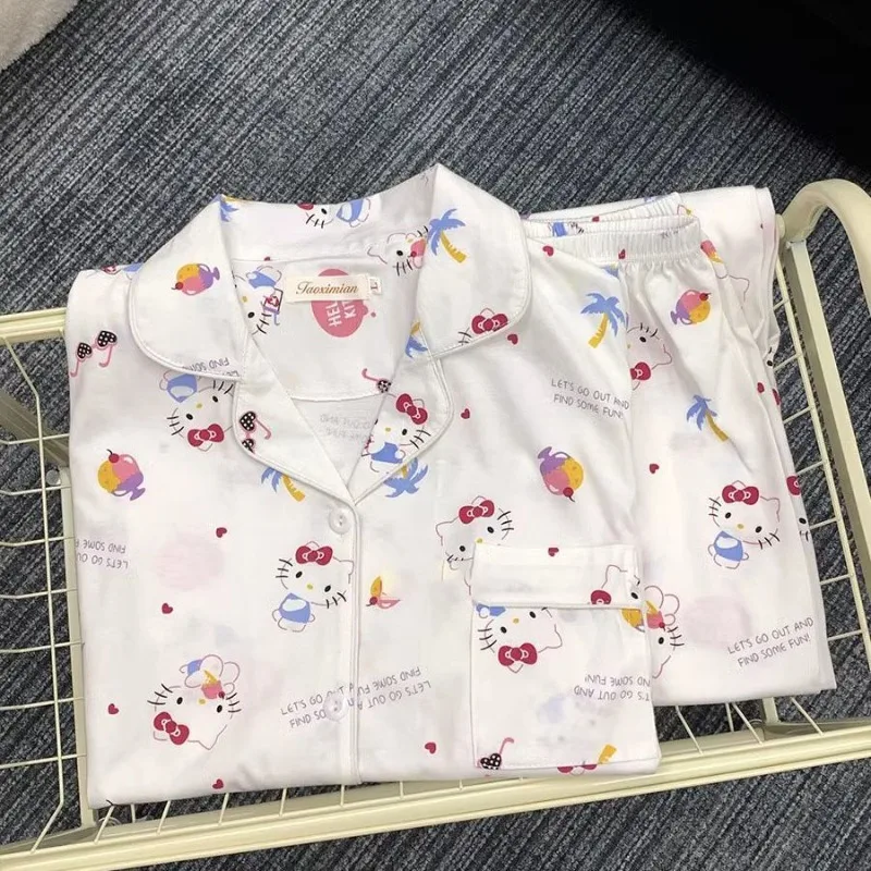 White Hello Kitty Pure Cotton Pajamas for Girls Spring and Autumn Long-sleeved Trousers Cartoon Cute Ins Style Home Clothes Set