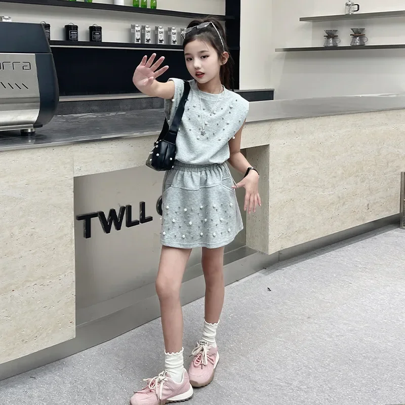 Summer Girls Suits 2024 New Fashion Girl Korean Children Foreign Style Nails Casual Two-piece Set Clothes European Fashion Style