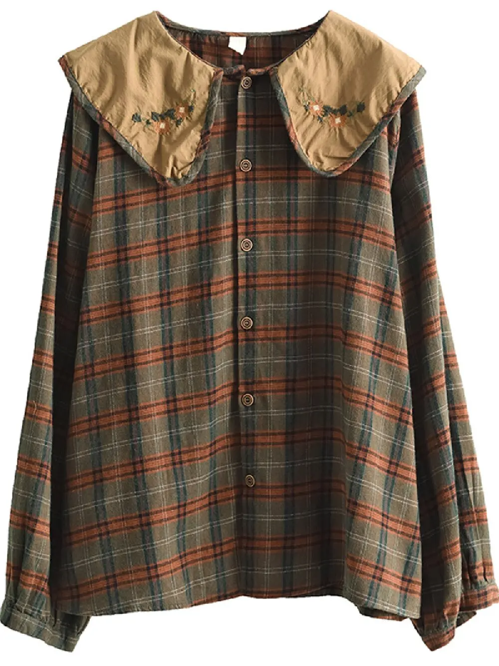 자수 체크 피터팬 칼라 셔츠 봄 가을 캐주얼 긴팔 면 블라우스 여성 루즈 싱글 브레스티드 탑