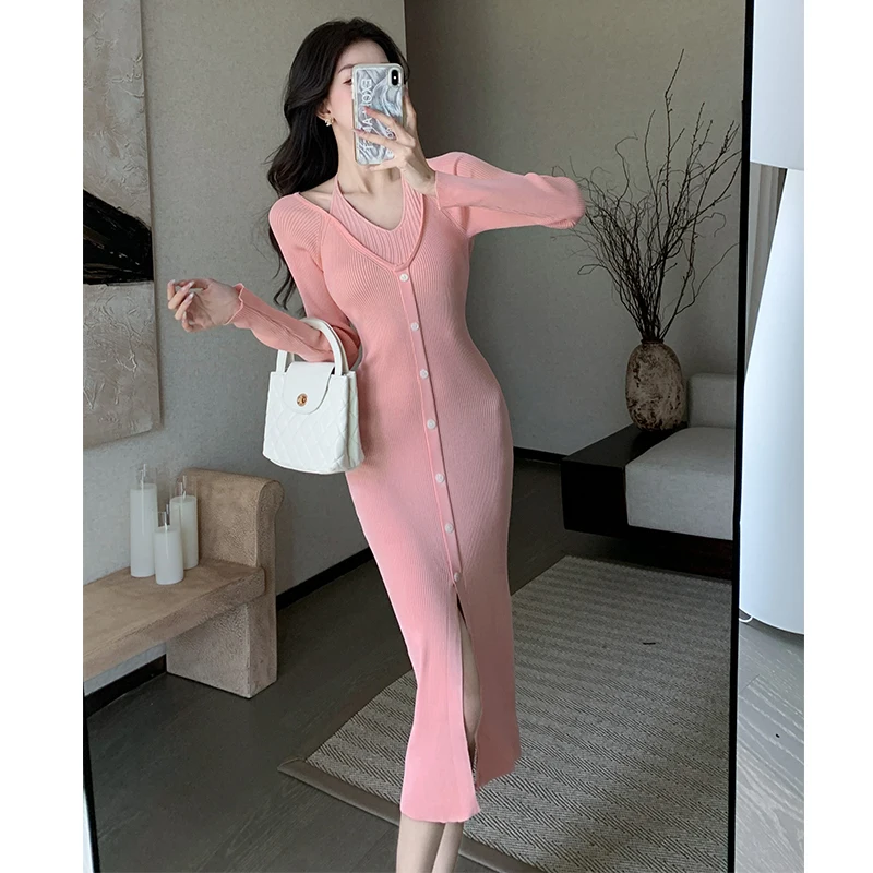 

Autumn Winter 2024 Women's New Solid Color Long Sleeved O-neck Sexy Basic Slit Knitted Casual Sweater Warm Dress For Ladies
