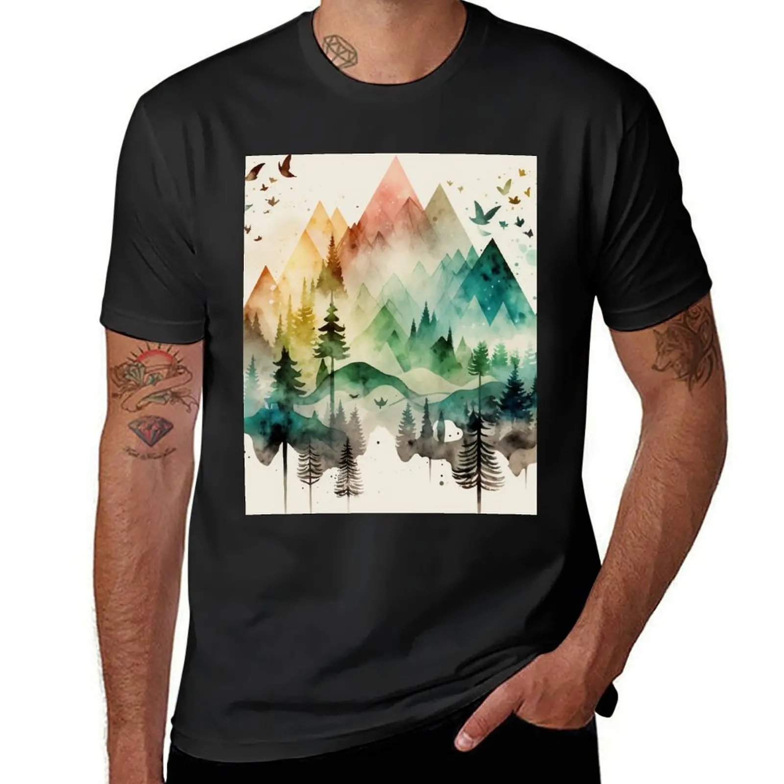 

mountain geometric shapes watercolor T-Shirt funnys vintage Blouse Men's cotton t-shirt