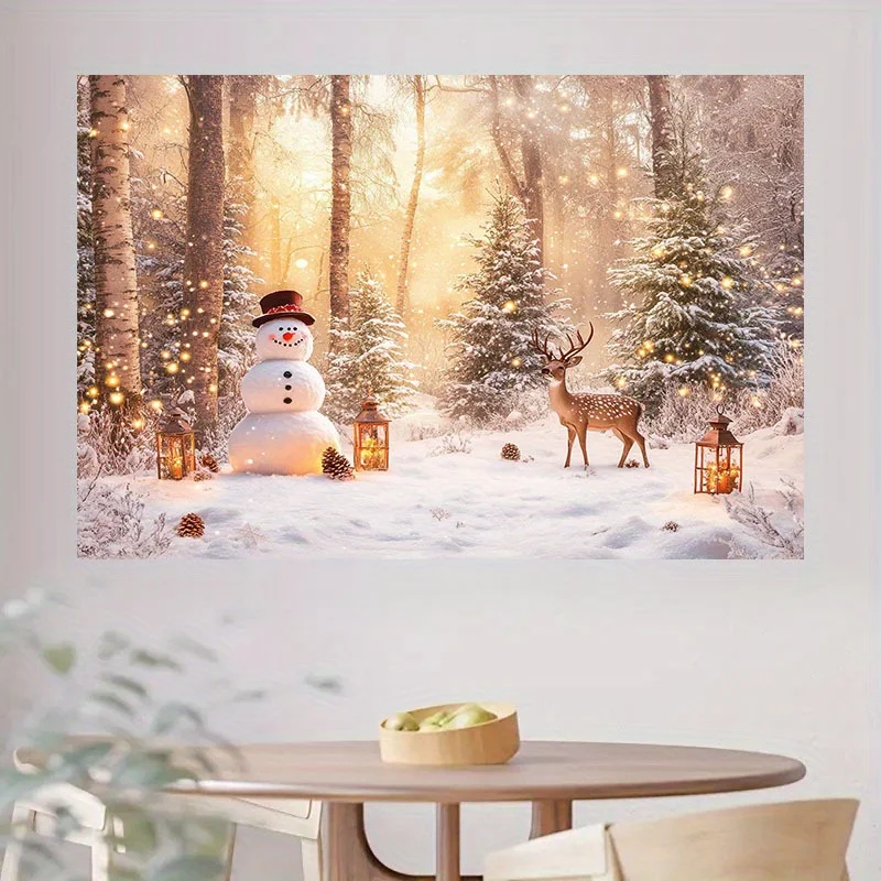 قطعة واحدة من قماش الخلفية ثنائي الأبعاد "ستارة غابة عيد الميلاد العجائب: رجل ثلج، مرافقة الرنة، فوانيس تألق في الشتاء #4