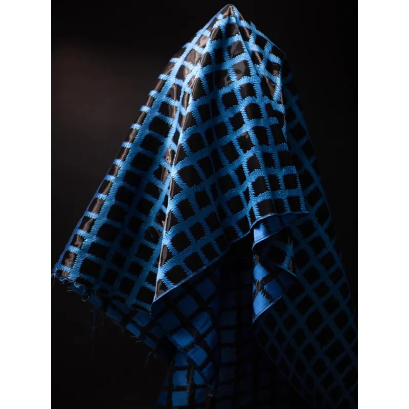 Black and Blue Large Checkered Liquid Glitter Silk Satin Jacquard Texture Fabric Original Designer Fabric for Clothing