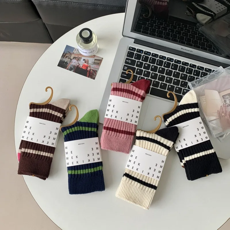 Coarse-line Fine-striped Women's Mid-calf Socks Worn Over High-waisted Combed Cotton Socks, Retro-style Stockings