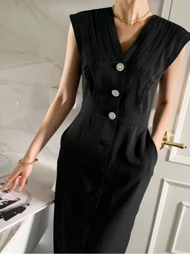 Ele Chic Vintage Single-Button V-Ne Plissee Svel Dr Damen Hohe Taille A-Linie Lang Dr Pendeln Sle