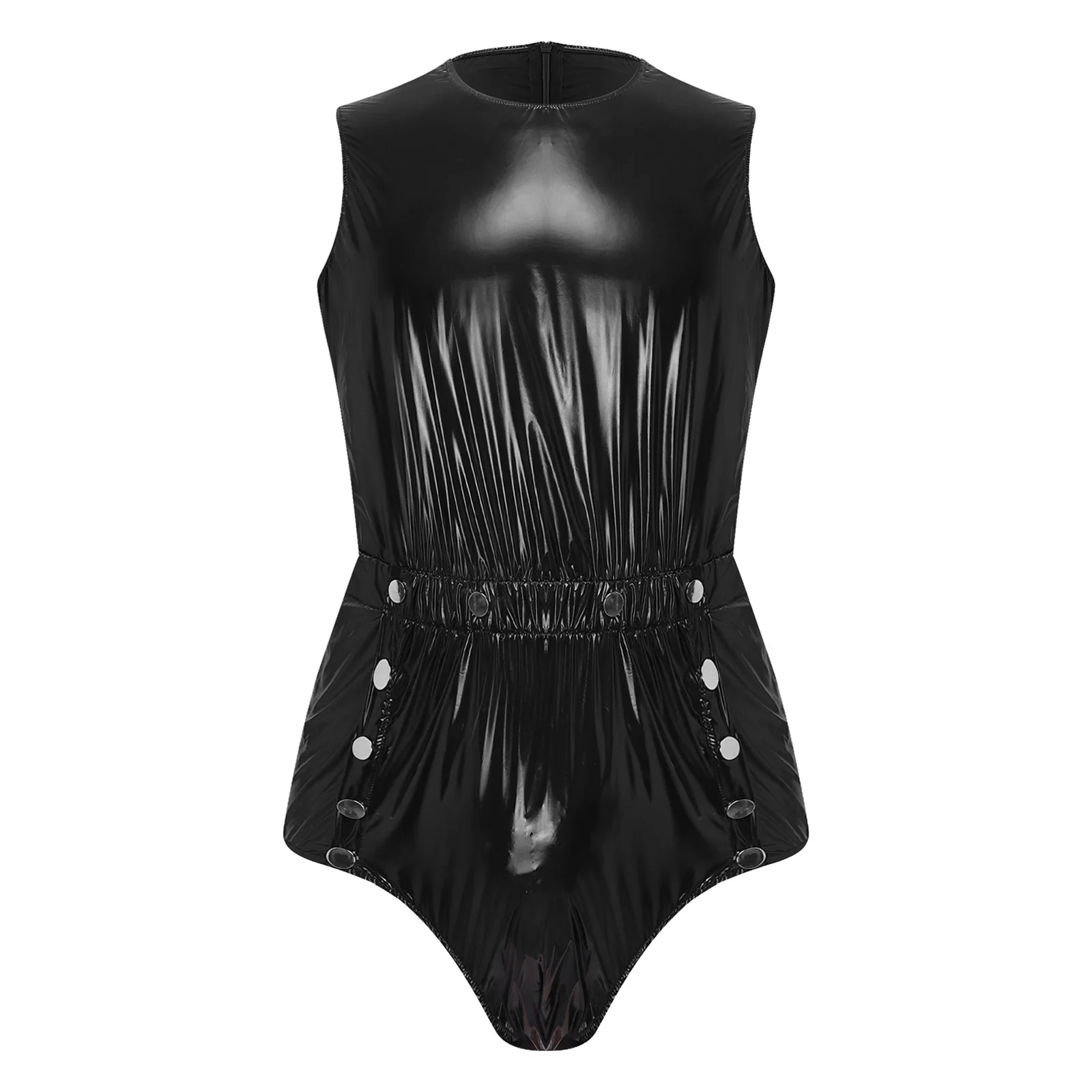 

Men Waterproof Bodysuit Outfit Openable Crotch with Buttons Sleeveless Back Zipper Elastic Waistband One-piece Romper Jumpsuit