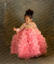 Luxury Gold Lace Appliqué Fluffy Girl Prom Dress Long Sleeve Pink Flower Girl Dress For Beauty Pageant Birthday Parties