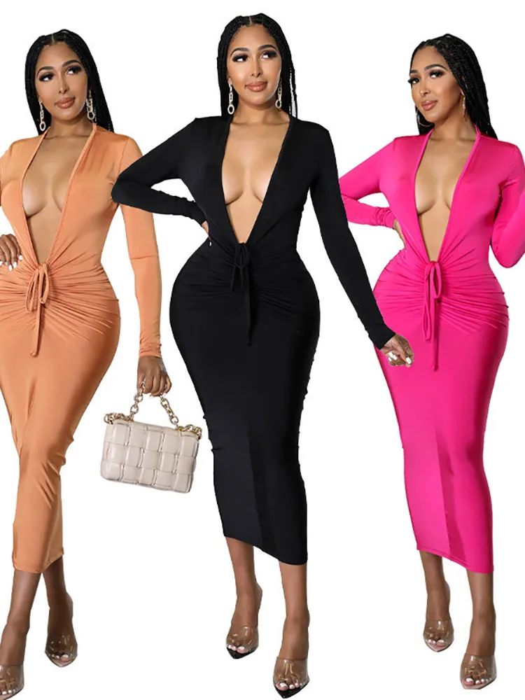 

2022 Womem Bodycon Bandage Deep V-neck Ruched High Waist Midi Dress Sexy Party Evening Club Long Sleeve Dresses